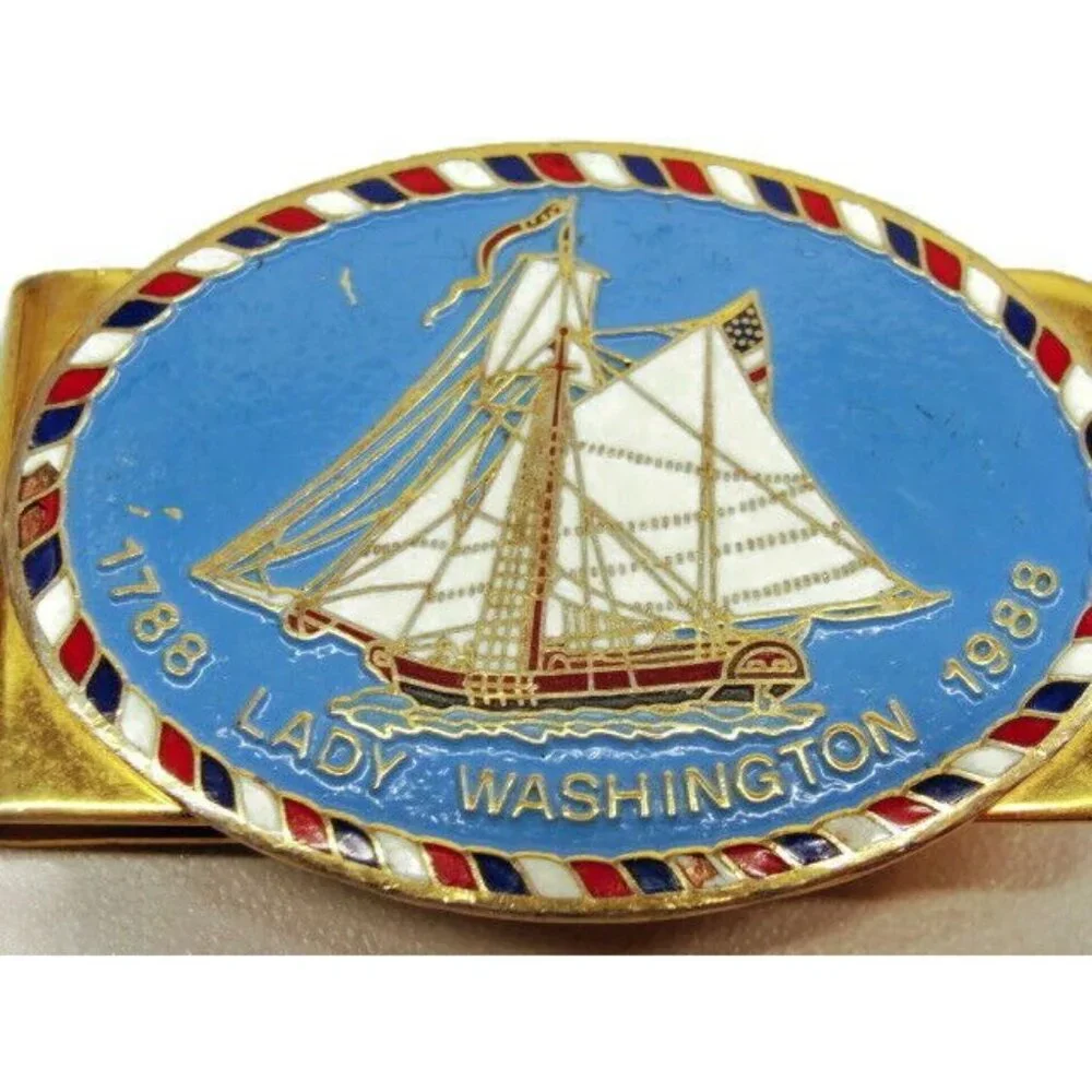 Lady Washington Ship Money Clip Red White Blue GoldT Vtg Cash Holder Credit Card